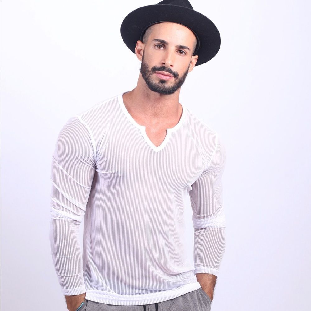 🔥🔥 MENS WHITE RIBBED SEE THROUGH LONG SLEEVE 🔥